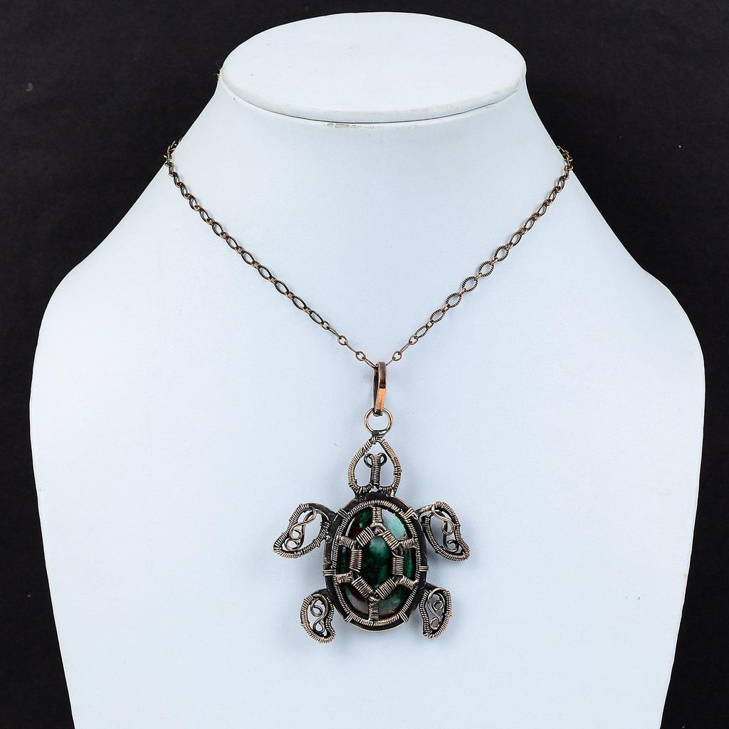 Pendentif Cuprite Chrysocolle Pendentif Enveloppé de Fil de Cuivre Bijou en Cuivre Antique Pendentif Pierre Gemme Tortue Pendentif Fait Main Cadeau d'Anniversaire