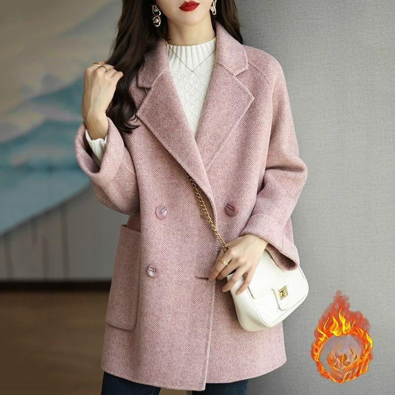 Suit Collar Temperament Woolen Women's Autumn and Winter Herringbone Woolen Coat Loose and Thin Coat All-match Small Man