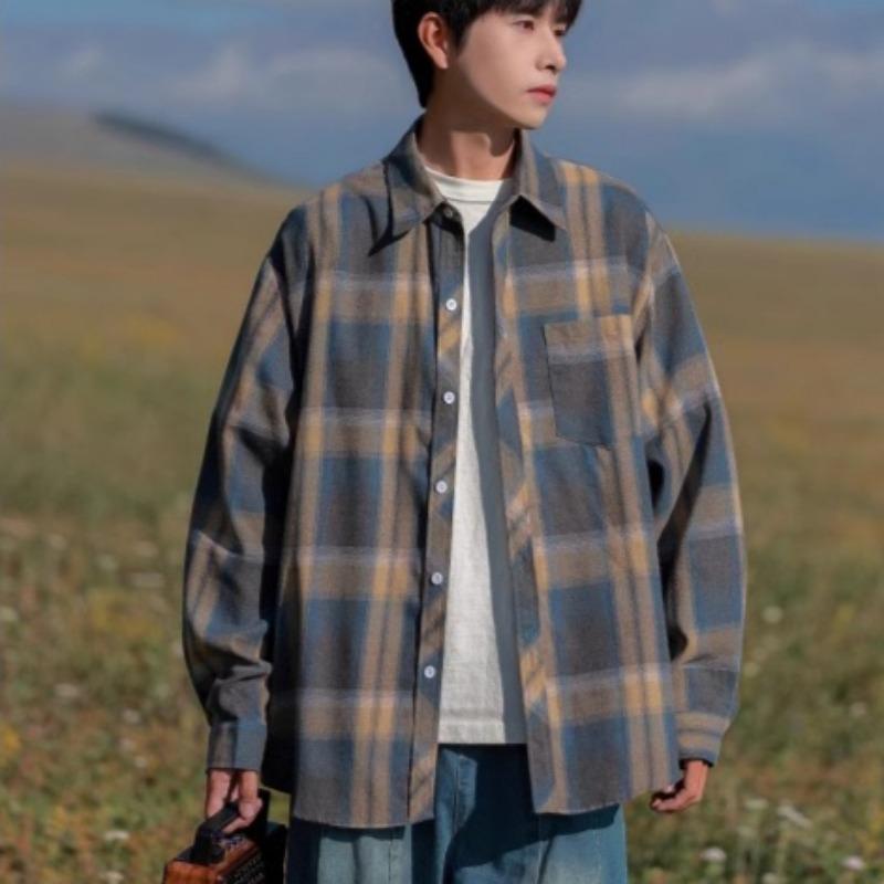 Spring and Autumn New Men's Retro Loose Plaid Long Sleeve Shirt