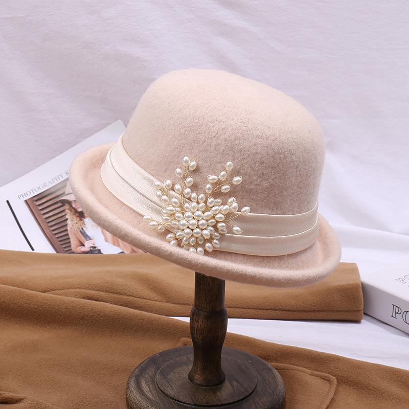 Autumn and winter fashionable and elegant all-match woolen basin hat, crimped dome top hat, women's new French retro wool top hat