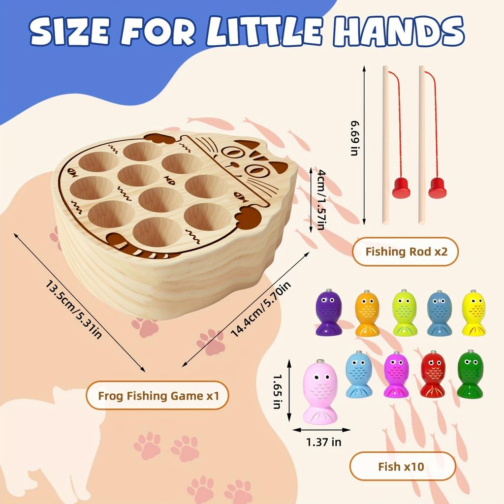 Magnetisches Angelspielzeug aus Holz für Kinder - Übung der Feinmotorik, Niedliches Katzen-Design mit bunten Bällen & Fischfiguren, Geschenk