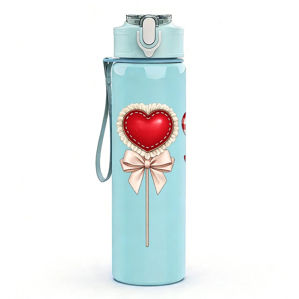 1PC Plaid Ribbon Heart Ornament Print 750ml Color Plastic Sports Water Bottle Leakproof Flip Straw Lid Suitable for Sports Office Home Use