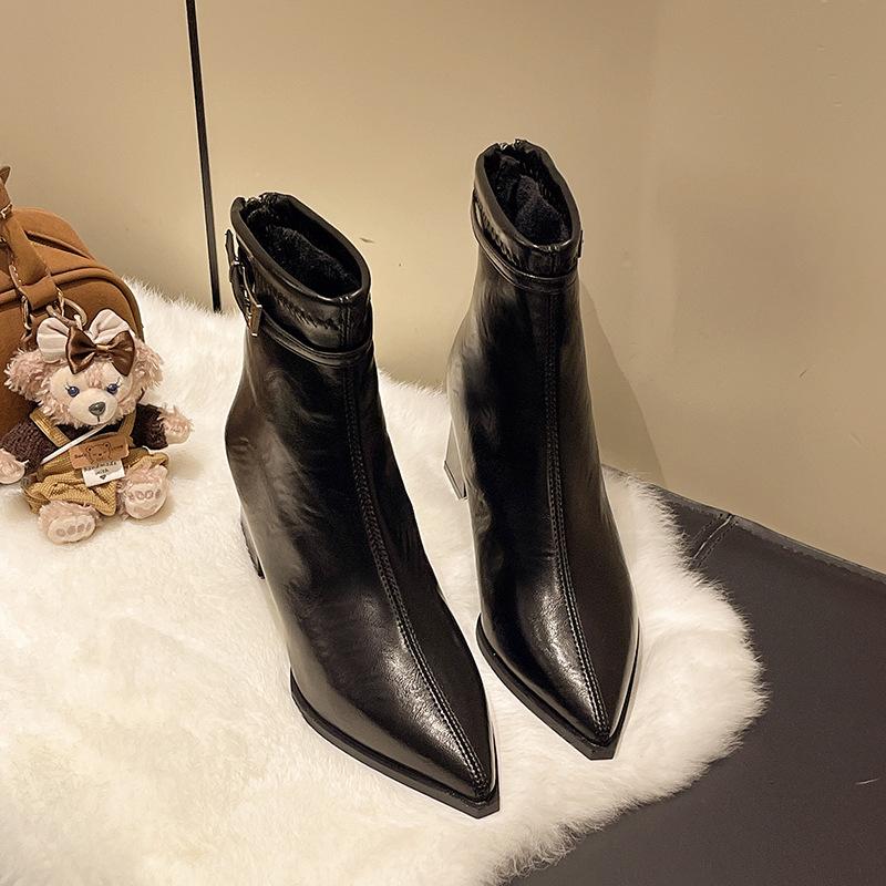 

Французские модные короткие ботильоны на толстом каблуке и остроносые, на высоком каблуке, толстый каблук, для невысоких, новые осенне-зимние, повседневные, универсальные, тонкие ботинки 37 чёрный