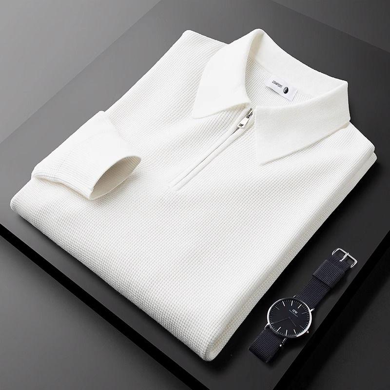 Warm Knitted Waffle Half Zip White Polo Shirt Men Long Sleeved Sweater Lapel Sweatshirt