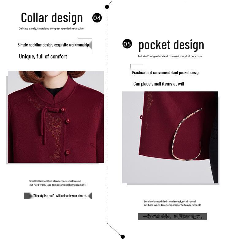 Damen Doppelseitiger Kaschmir-Wollmantel - Bestickt, Modische Kurze Jacke für Mittleren Alters & Ältere (Herbst Winter)