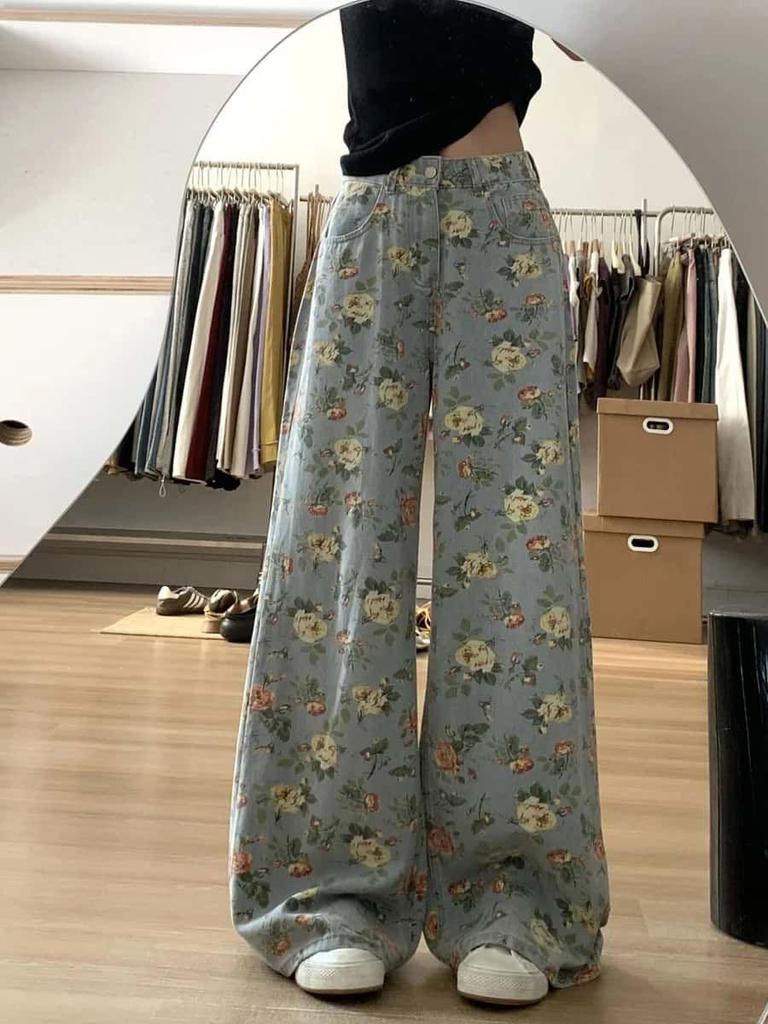 2025 Spring Floral Distressed High-Waisted Wide-Leg Jeans for Women - Slimming, Loose, Casual, Floor-Length Pants