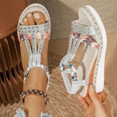 Modeschuhe für Damen Sommer Damen Keil Böhmen Strasssteine Lässige Plateau-Sandalen Damen Peep Toe Outdoor Strandschuhe 36-43