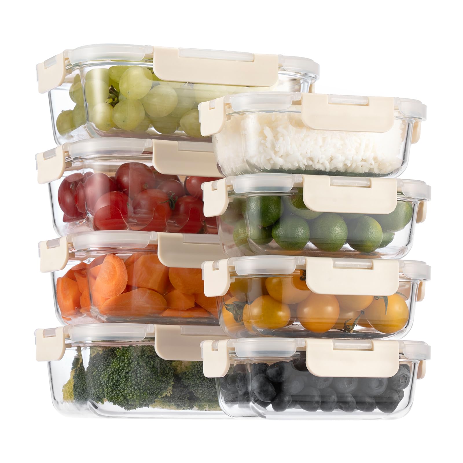 

S SALIENT Heat-Resistant Glass Storage Containers, Airtight, Microwave, Oven, and Dishwasher Safe, Rectangular, Beige, Set of 8, 370ml x 4, 1050ml x 4