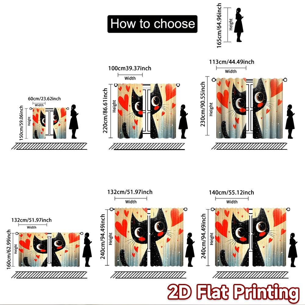 2D-Flachdruck 2 Stück Party-Vorhänge Süße Schwarze Katze Herzen Digital Bedruckte Polyester-Vorhänge Feiertagsdekorationen Perfekt für