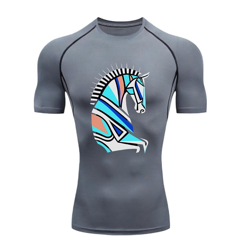 Pferdekopf Muster Herren Sport T-Shirt Training Fitnessstudio Joggen Laufen Workout Kompressions Kurzarm T-Shirt