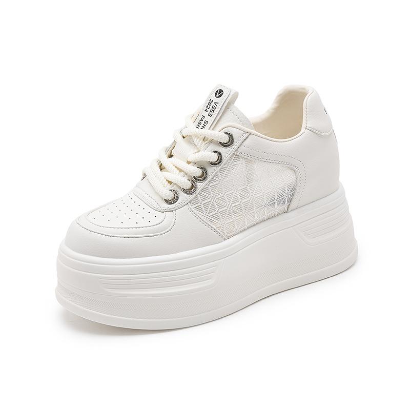 Platform White Shoes Women's 2025 New Spring Hollow Mesh Casual Shoes Versatile Small Inner Height Increase Women's Shoes