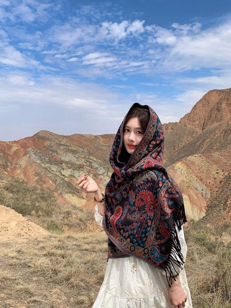 High-End Red Angora & Imitation Cashmere Ethnic Style Scarf Shawl