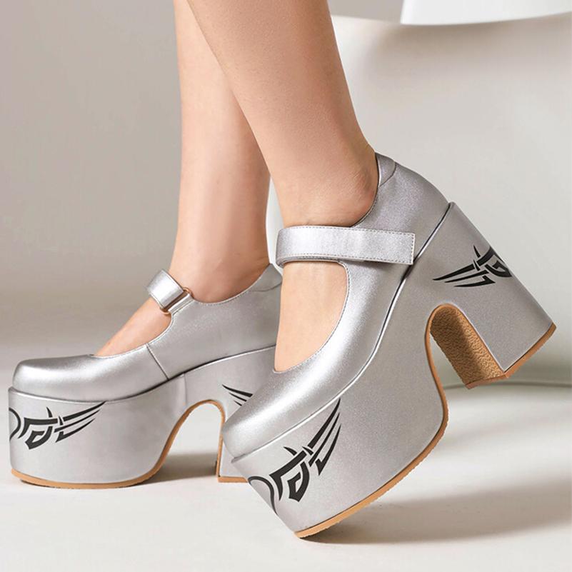 FOREADA Women Pu Leather Pumps Super High Hoof Heels Round Toe Mary Janes Buckle Party Concise Spring Autumn Shoes White Silver