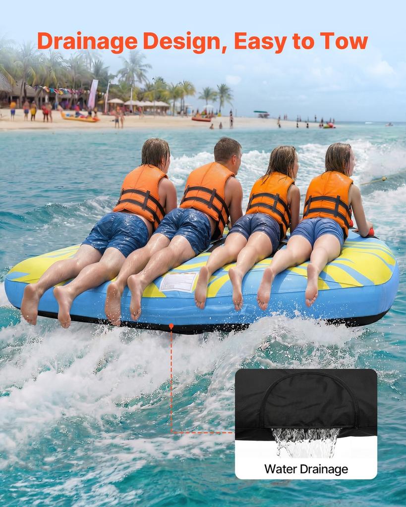Towable Tube for Boating, 4 Riders Inflatable Boat Tubes and Towables, 308 Kg Capacity Water Sport Towable Tube for Boat To Pull - with Fins, Full