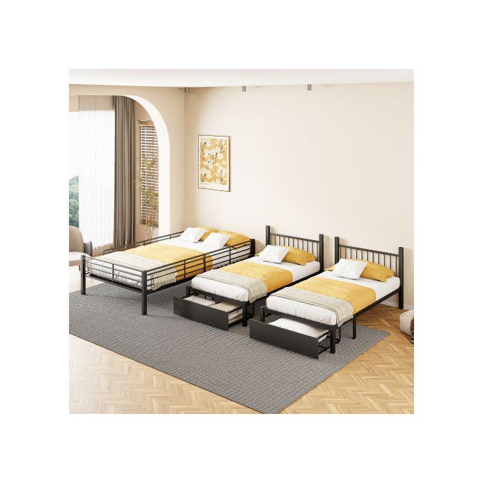 Triple Bunk Bed - MUVOE - Convertible 140x200 and 90x200 - Black - With Drawers - Metal