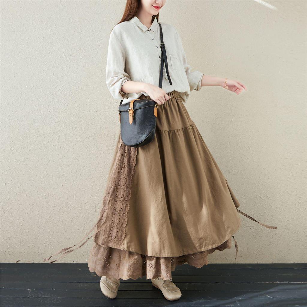 Japanese Mori Girl Linen Half Skirt: Women's Elastic Waist, Heavy Embroidery, Mid-Length A-Line Design.