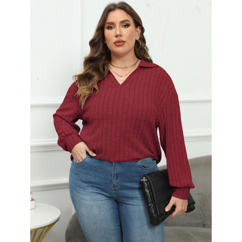 

Женская трикотажная рубашка с воротником поло большого размера, базовая рубашка в рубчик, повседневная футболка 3XL красный