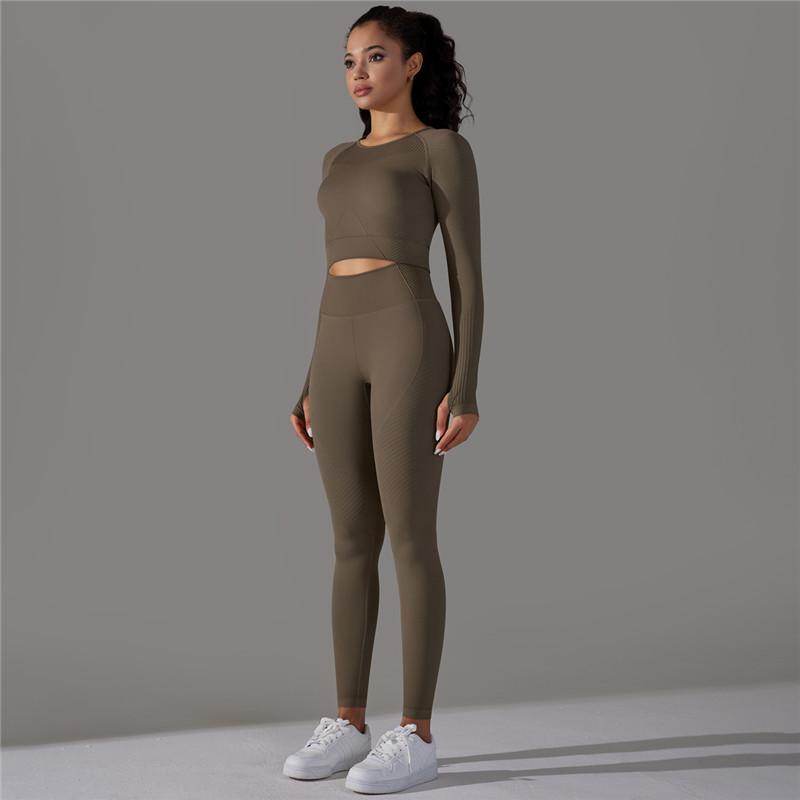 Knit Seamless Long Sleeve Yoga Set High Waist Sports Pants Exercise Running Suit Fitness Clothing