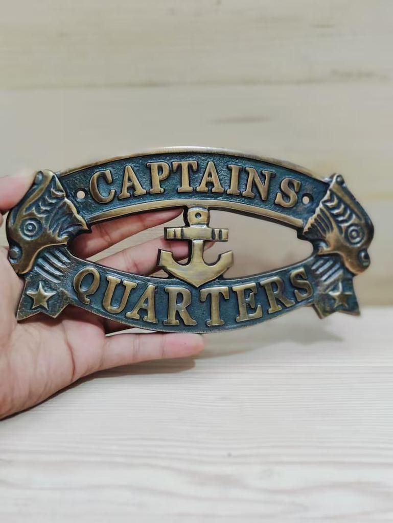Antique Brass Finish Captain's Quarters Sign: Nautical Wall Decor (4.0 X 7.5 Inch)