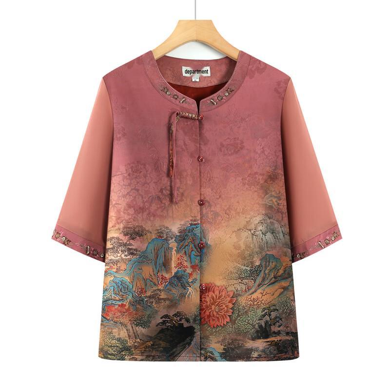 Xiaofu Women's Chinese Style Retro Print Short Sleeve Top