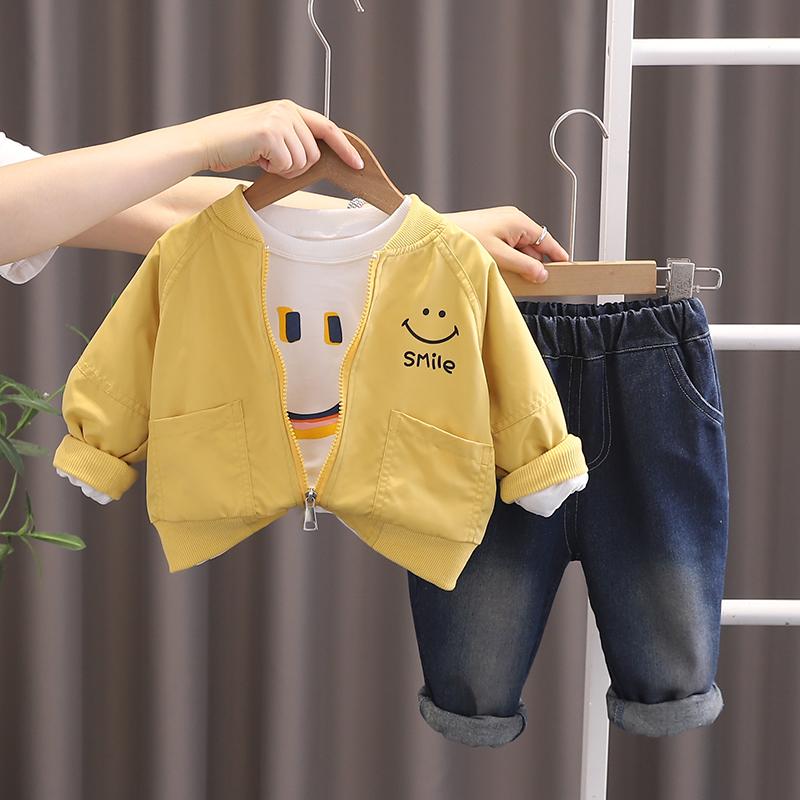 

Осенний комплект-тройка с длинными рукавами для мальчиков 0-5 лет, Детская куртка с принтом улыбающегося лица + белая футболка с длинными рукавами + повседневные джинсовые брюки S жёлтый