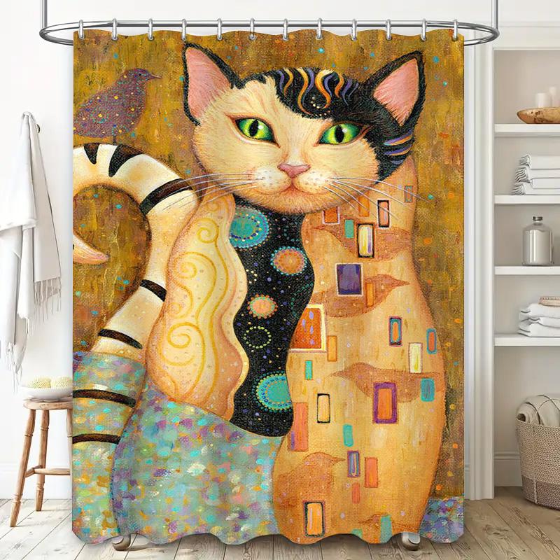 Stylish Cat Print Shower Curtain For Bathroom Decor Modern Artistic Design With Bird Motif 180X180Cm Size Available In Multiple
