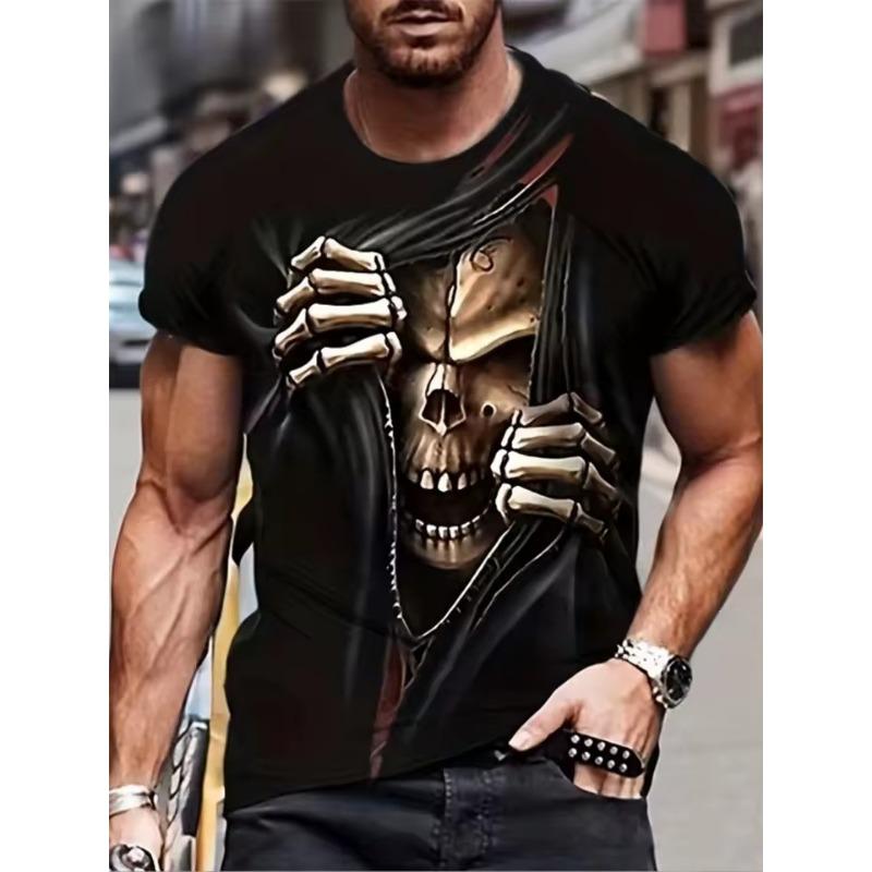 Men's Summer Casual T-Shirt 3D Golden Lightning Skull Print Short Sleeve Streetwear