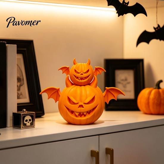 Pumpkin Table Centerpiece 2Pcs 3D Printed Demon Figurine, Devil Statue with Bat Trick or Treat Party Prop Wings & Horns, Spooky Sculpture for