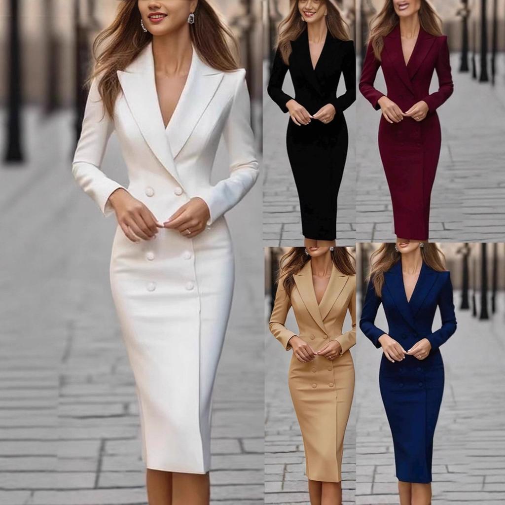 Women's Double-Breasted Blazer Dress, Long Sleeve Office Dress with Notched Lapel, Professional Workwear for Business Casual Commute