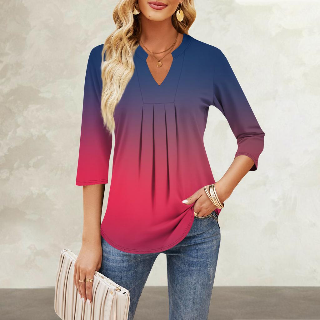 Damen Siebenviertelärmel Tops Lässig V-Ausschnitt Brustrüschen Einfarbig Locker T-Shirt Tops