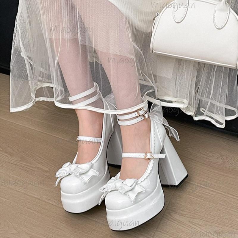 Fashion Platform High Heel Women's Lolita Pumps Fashion Shallow Butterfly-knot Shoes Ladies Party Dress Cross Strap Mary Jane Shoes