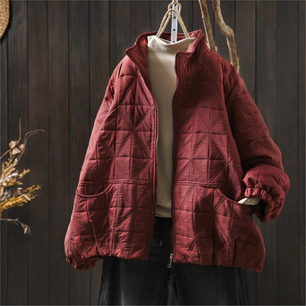 Johnature Women Vintage Winter Zipper Jackets Turtleneck Solid Color Long Sleeve Patchwork Pockets Casual Jackets Coats