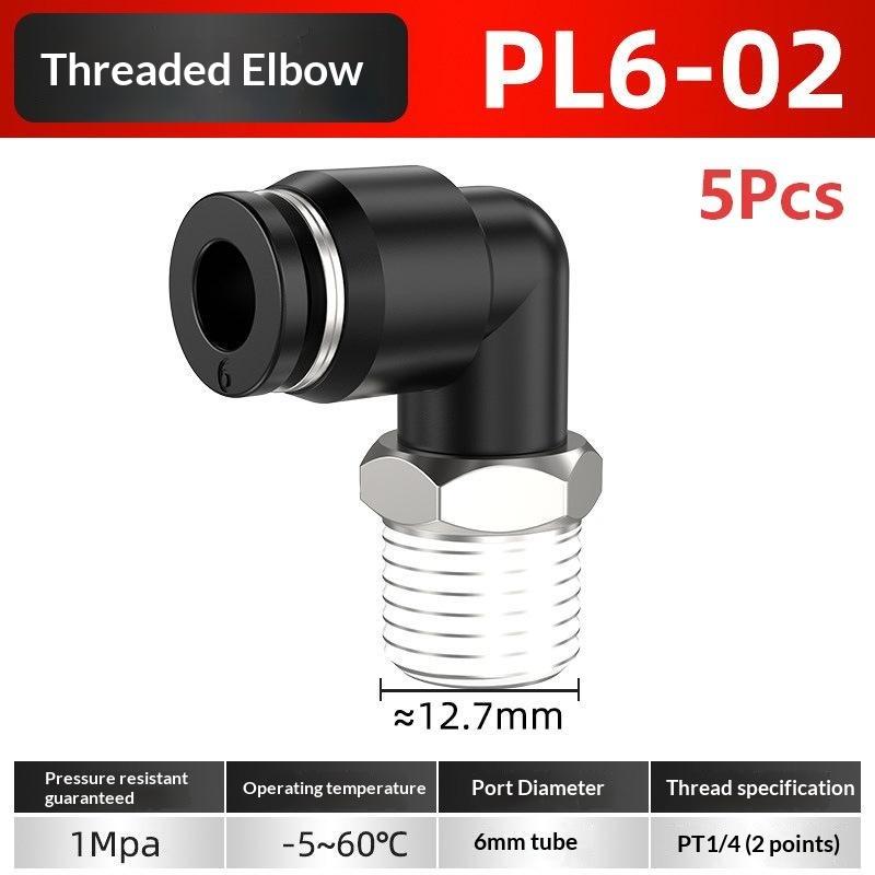 5Pcs 90 Degree Push Fit Copper Air Tube Connector Black Industrial Pneumatic Pl6-01/Pl6-02/Pl8-02/Pl8-03/Pl10-03/Pl12-03