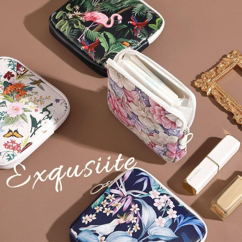 Creative Pvc Sanitary Pads Bag  Floral Print Large Capacity Multipurpose Coin Purse Portable Cosmetic Storage Bag