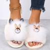Fashion Cute Cartoon Animal Fur Slippers Women Open Toe Lightweight Plush Slippers Woman Winter Indoor Faux Fur Cotton Slides Ladies