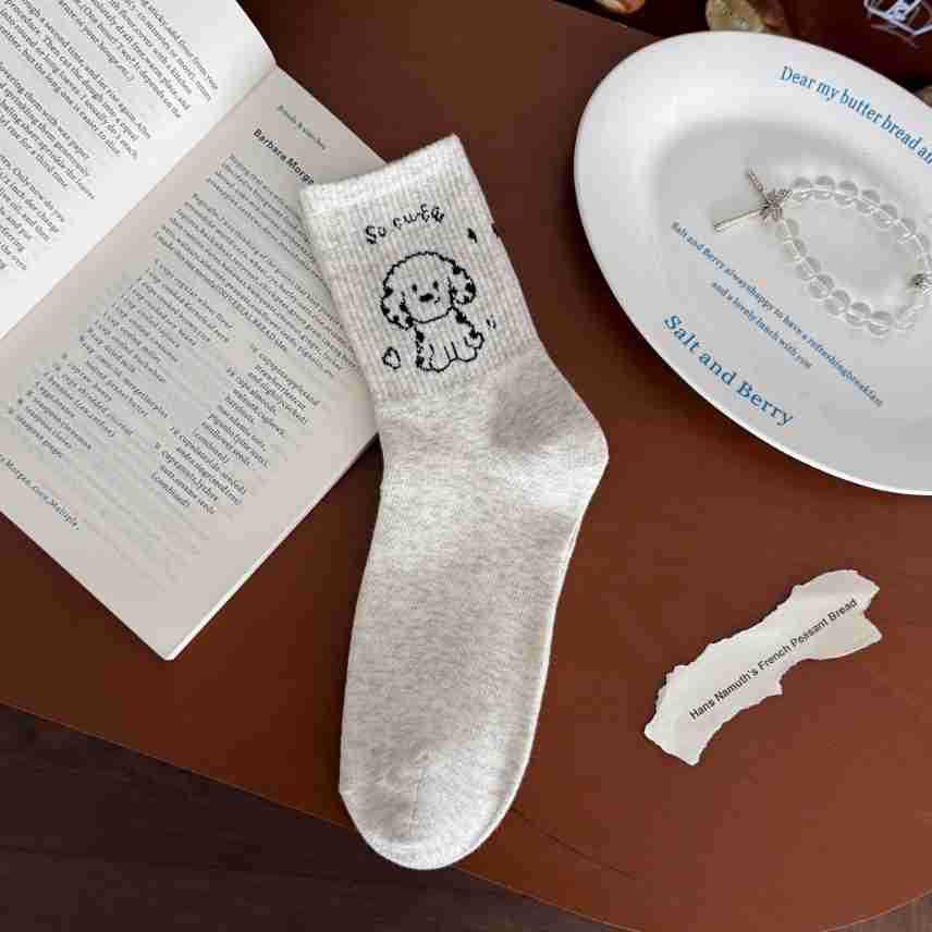Spring 2026 Women's Embroidered Puppy Mid-Calf Cotton Socks - Cute, Comfortable, Breathable, Sweat-wicking for Students