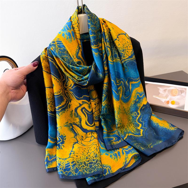 Spring And Summer Thin Printing Simulation Silk Brocade Sunscreen Blue Flower And Bird Silk Scarf Long Scarf Shawl Versatile Headscarf Scarf