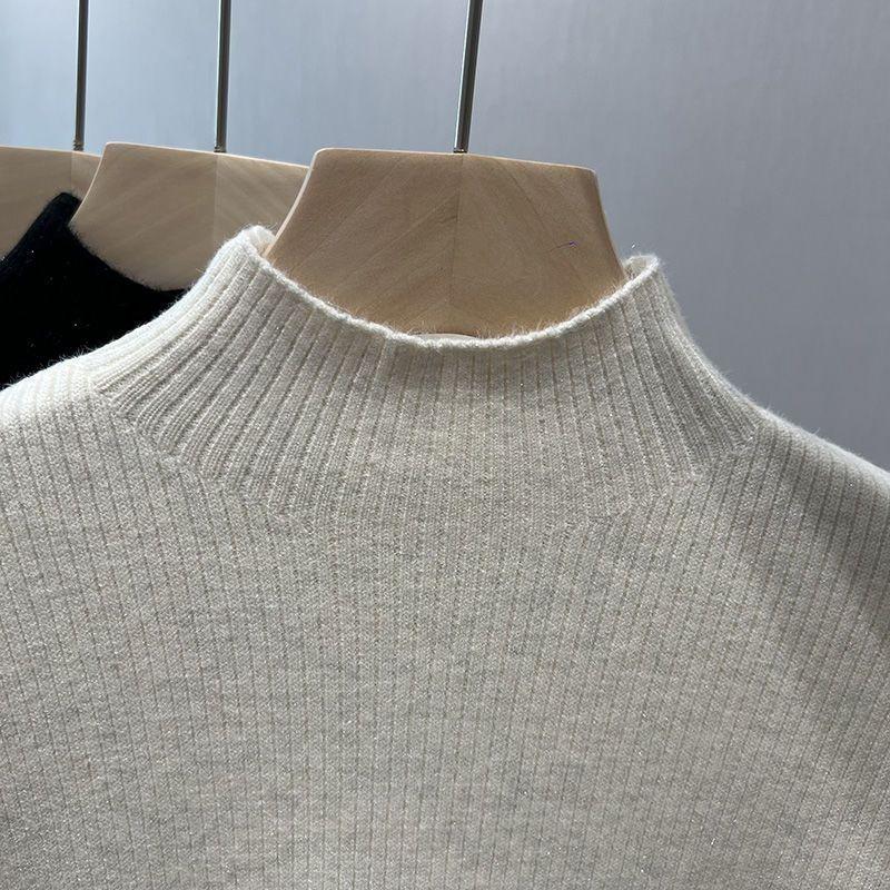 Women Solid Bright Fleece Warm Sweaters Casual Slim-fit Elegant Pullovers Half Turtleneck Long Sleeve Knitwear Jumpers