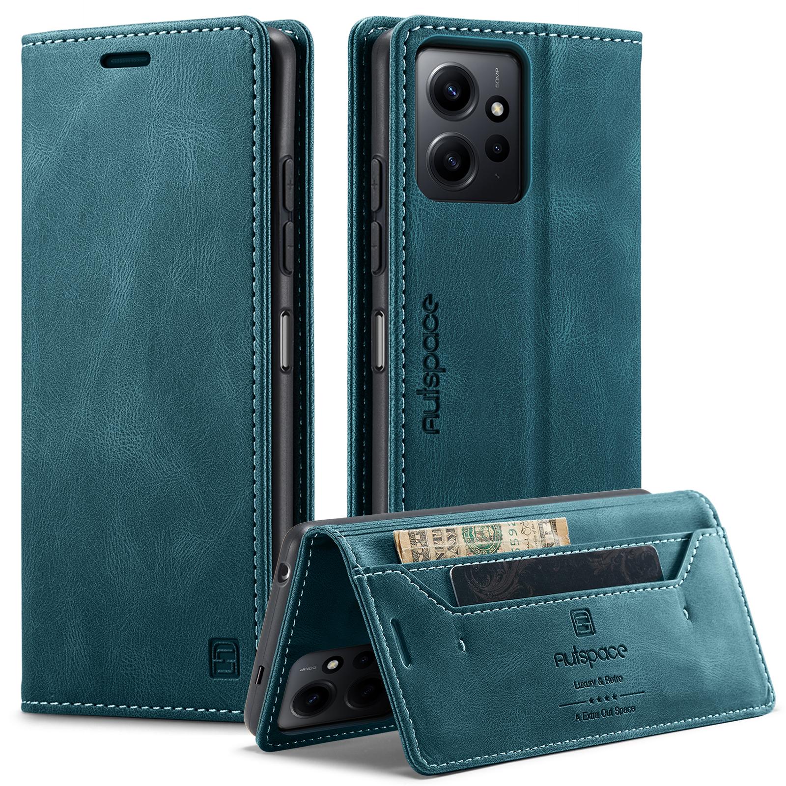 

For Xiaomi Redmi Note 12 4G Wallet Case AUTSPACE A01 Leather Stand Cover with RFID Blocking Card Holder Blue