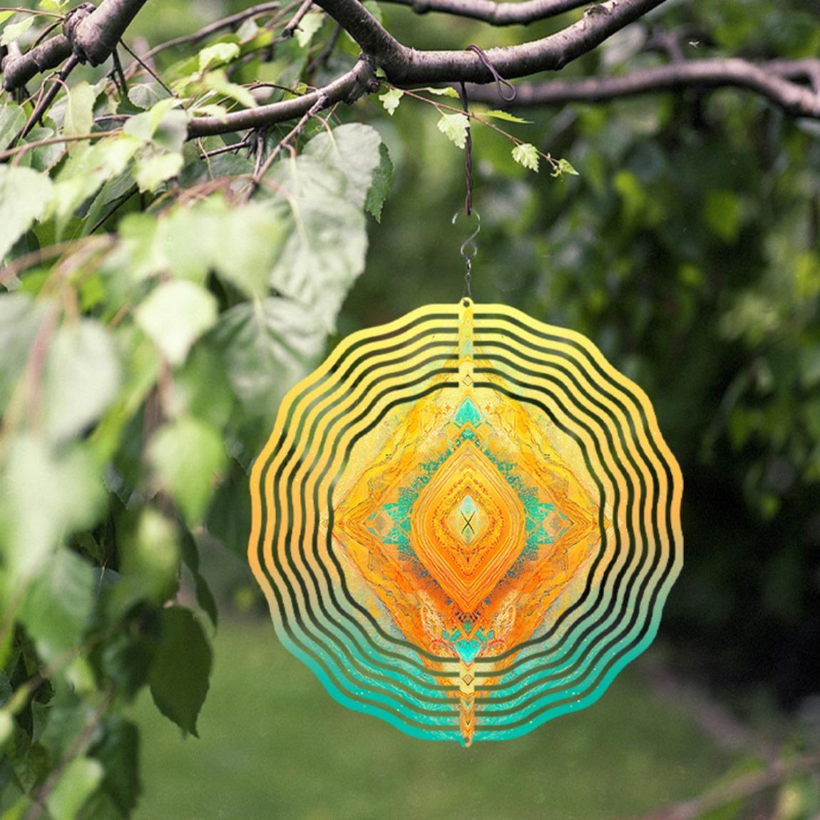 

10 Inch Metal Wind Spinner Outdoor Garden Decor 360 Swivel Hook Vibrant Geometric Diamond Design No Batteries Needed Yellow Orange Blue Teal 01A