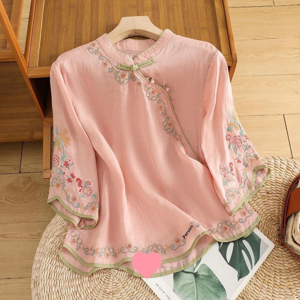Summer Women's Artistic Vintage Embroidery Slimming Cotton Linen Women's Top with Button Color Block Sleeveless Shirt