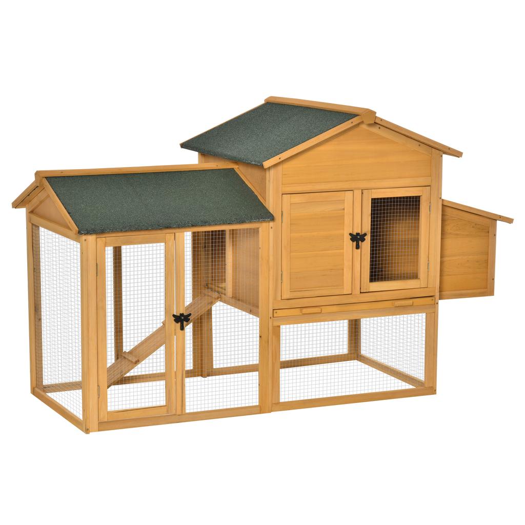 Dwarf chicken coop with run and brooder. Weatherproof sealed fir wood. Asphalt roof. Yellow+Green