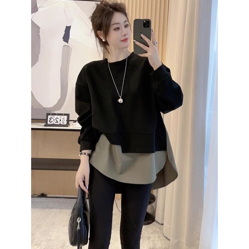 Women's Crew Neck Long Sleeve Fake Two Piece Sweatshirt Loose Fit Plus Size Streetwear Color Block Patchwork Casual Fall Pullover Top