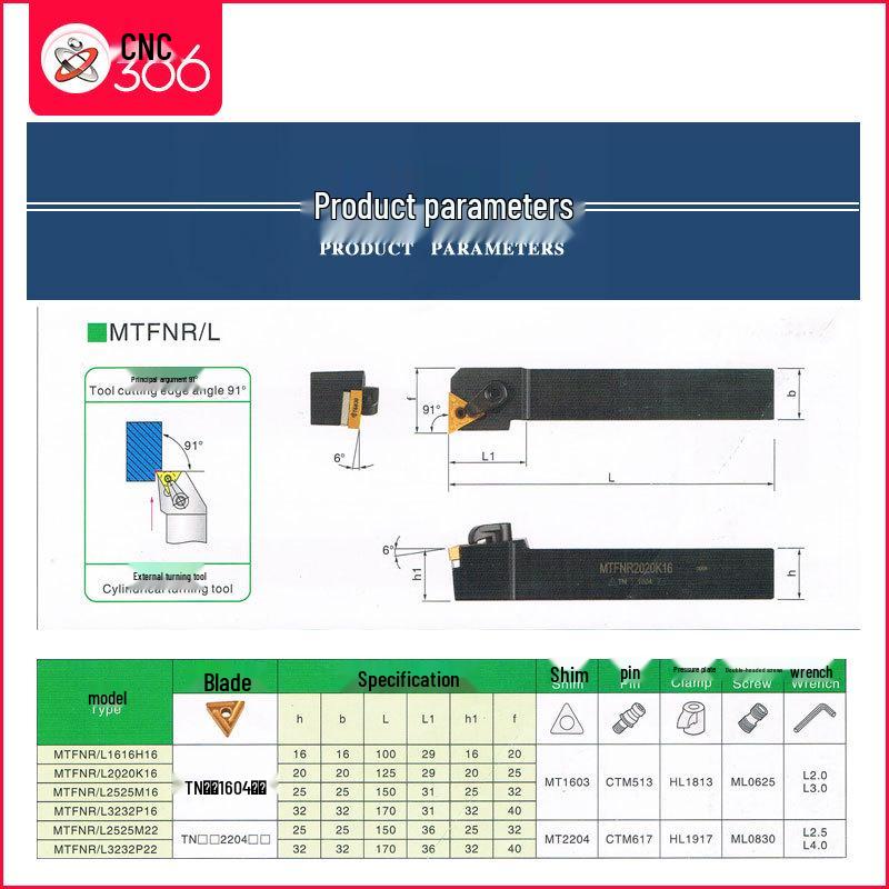 91° CNC Lathe Tool Holder MTFNR2020K16 for Outer Diameter, Front and Back Facing.