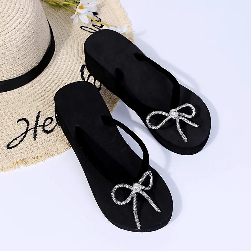 Fashion 2025 Fashion Flip Flops with Bow Knot for Women Summer Wedges Clip-Toe Sandals for Woman Daily Non Slip Lightweight Slides Mujer