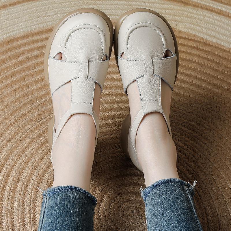 Summer new pure cowhide retro versatile medium heel thick heel sandals bag head comfortable leather soft sole mother shoes