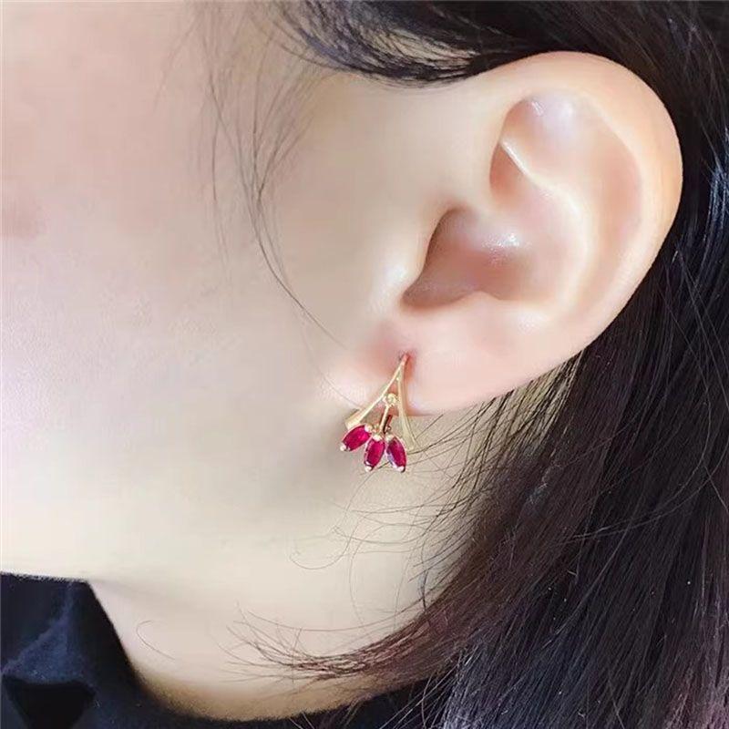 Exquisite Russian Rose Gold-Plated Purple Gold 585 Fan-Shaped Horse Eye Stud Earrings Inlaid With Red Zircon Earrings French Jewelry