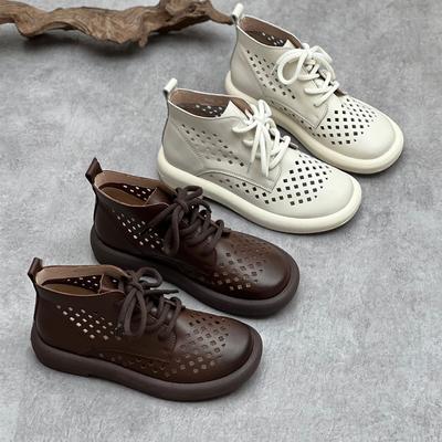 Handmade Women Summer Sandals Genuine Leather Retro Breathable Hollow-out Boots Round Toe Lace-up Boots