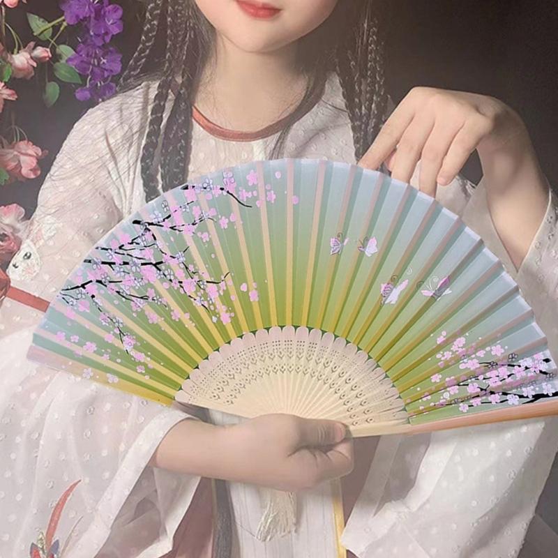 Éventail traditionnel chinois vintage avec pompons Éventail pliant portable Éventail de danse pour femmes Mariages Bals de fin d'études Photographie