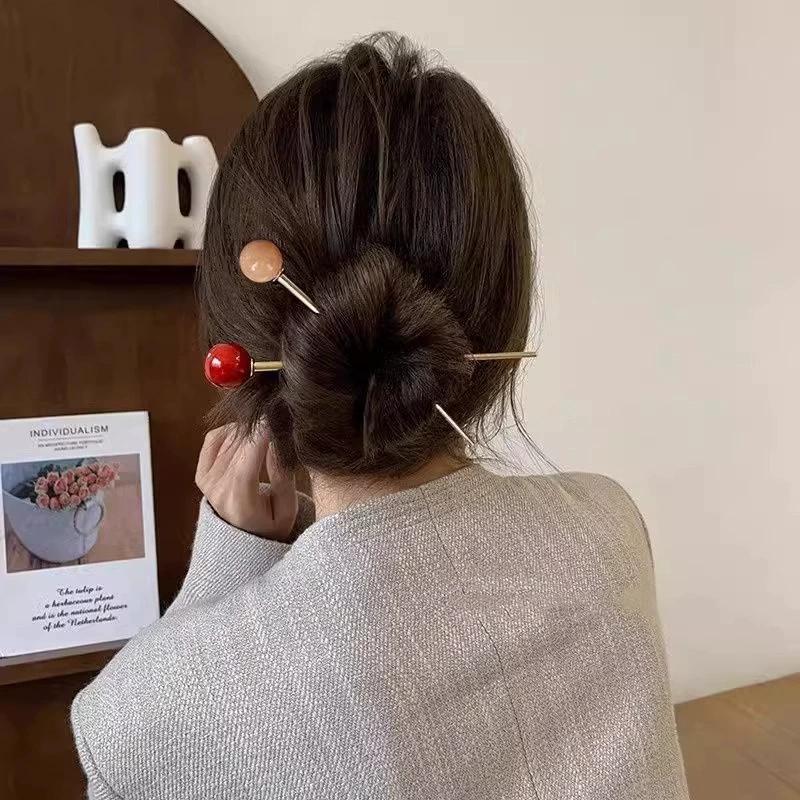 Metal Round Ball Hair Sticks For Women Girl Simple Gold Color Smooth Bead Hair Clips Hair Stick Hair Accessories Jewelry
